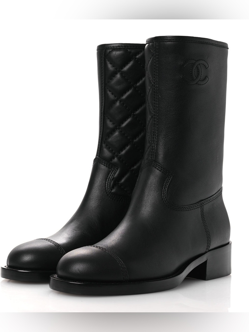Chanel Black Calfskin Leather CC Logo Quilted Zipper Mid Calf Boots